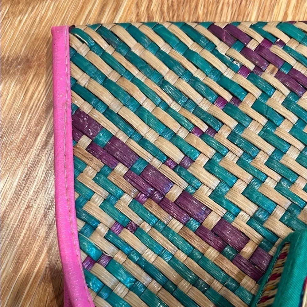 vintage mayan Woven wicker Clutch and Wallet Set Pink Trim purple green bundle
